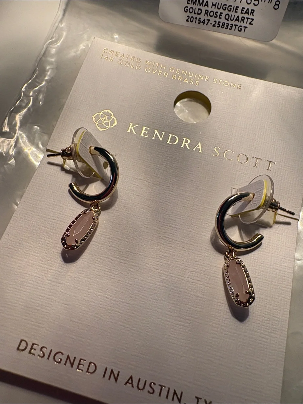 Kendra Scott Emma Huggie earrings Gold Rose Quartz new